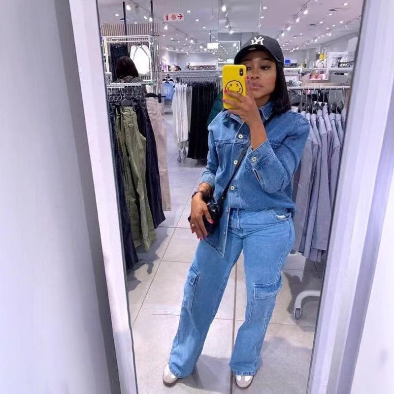 European and American new women's clothing loose lapel cardigan long-sleeved straight trousers multi-pocket denim suit