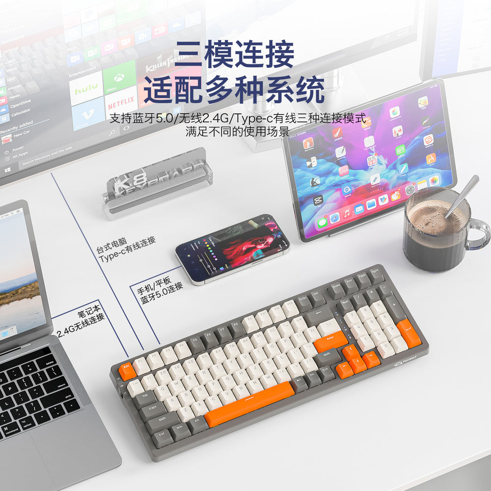 K8 mechanical keyboard - wired, wireless, bluetooth tri-mode - hot-swappable - mixed lighting - colorful keycaps - gaming, pc, office