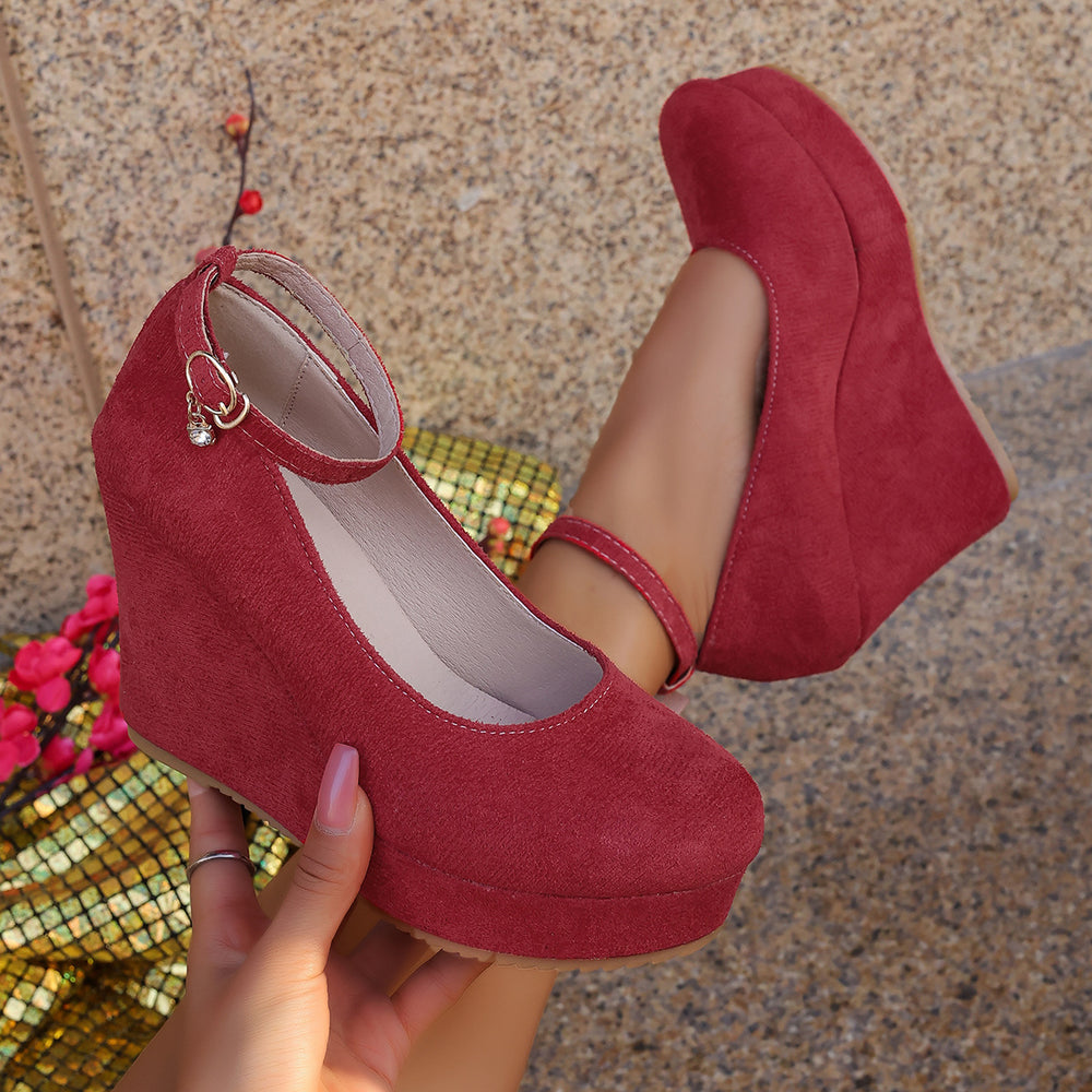 Exportplus sizespring & fallnew arrival wedge flats women's waterproof platform fashion round toe super high heel one-word buckle flatsflats