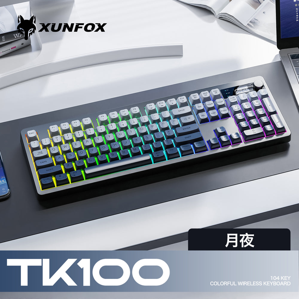Dazzling silver fox tk100 wireless bluetooth dual-mode mechanical feel keyboard with pbt keycaps, display, and rotary encoder