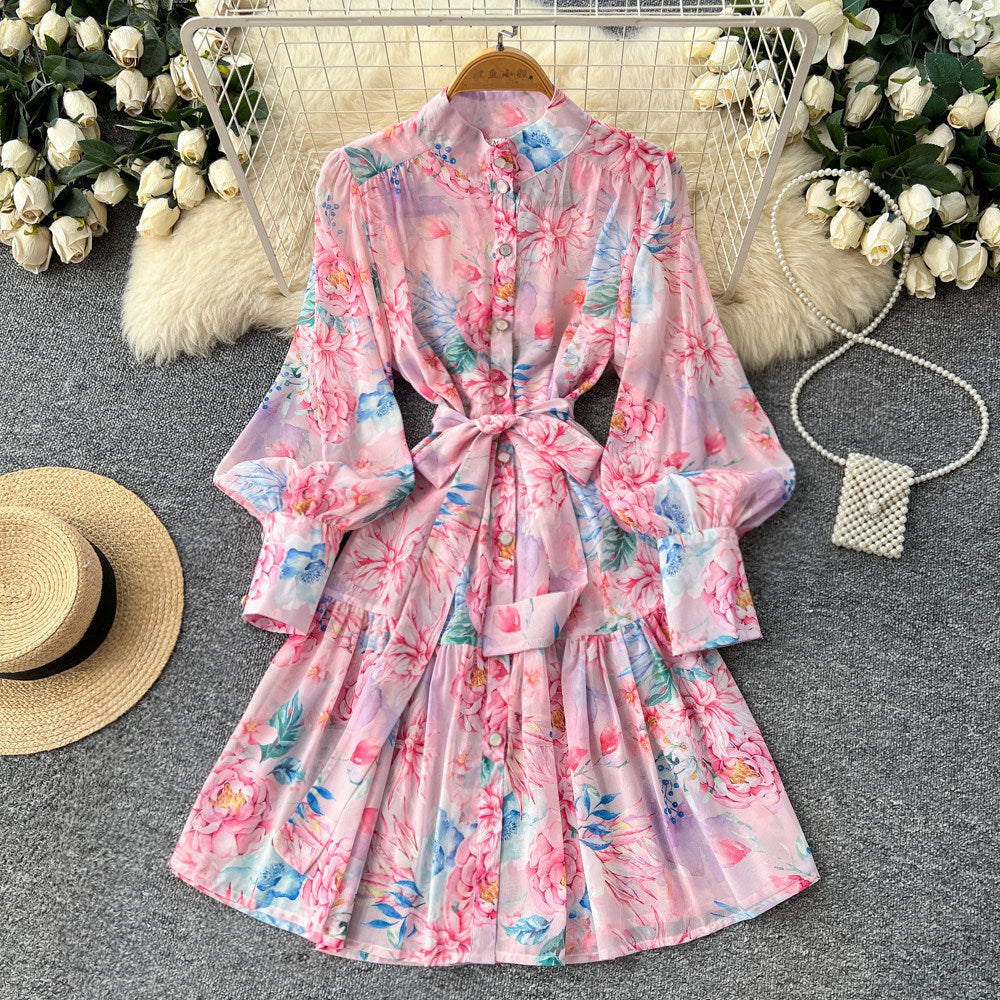 French style stand collar lantern sleeve printed dress - women's summer korean style slimming a-line ruffle skirt