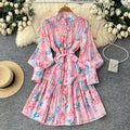 French style stand collar lantern sleeve printed dress - women's summer korean style slimming a-line ruffle skirt