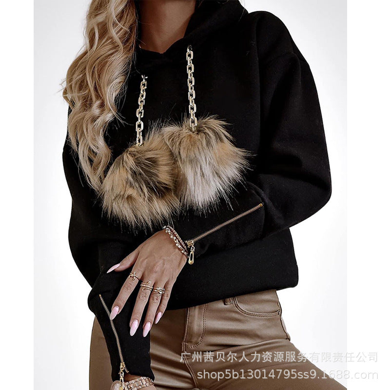 2024 New Women's Cross-border Foreign Trade Hairball Chain Hooded Casual Sweater-ODS4880 Fashion Casual