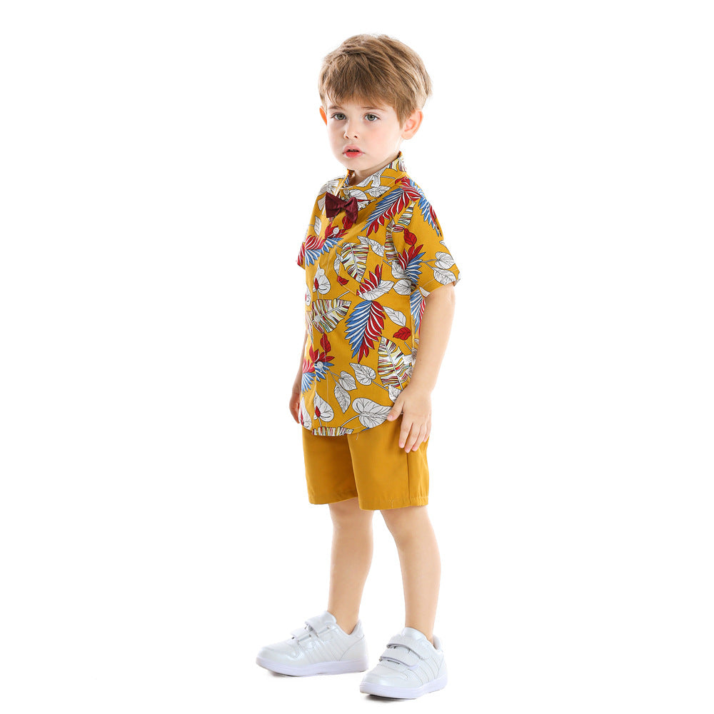 European and american summer new boys' bow tie floral cotton short-sleeve and shorts set - children's clothing cross-border baby set
