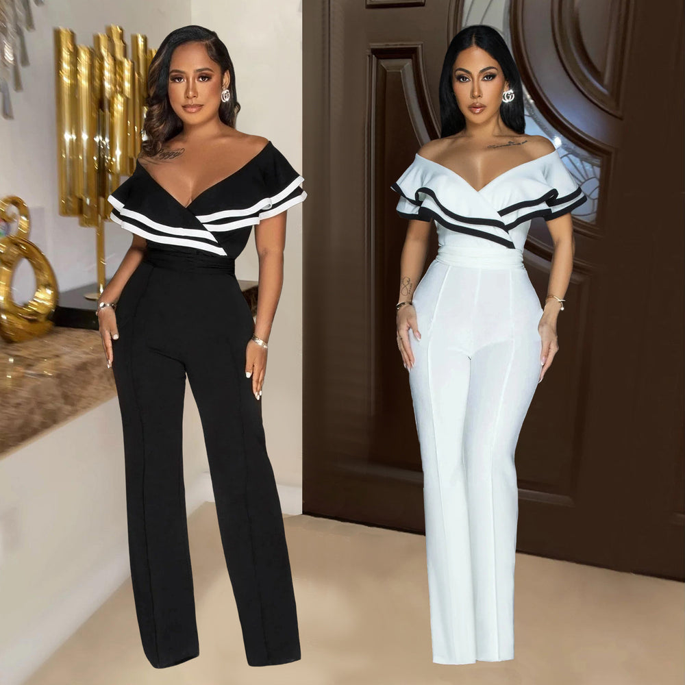 C7052 cross-border   independent station fashion women's sleeveless deep v jumpsuit pure color new style