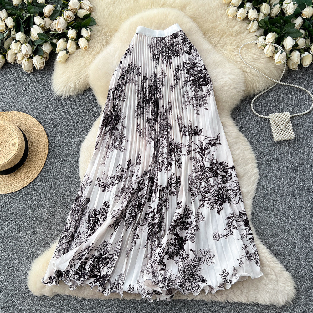 K-styleprintingpleatedcontrast colorsense of design skirt women's high waistslimming looka-line mid-length skirteasiest for matchpatchwork skirt