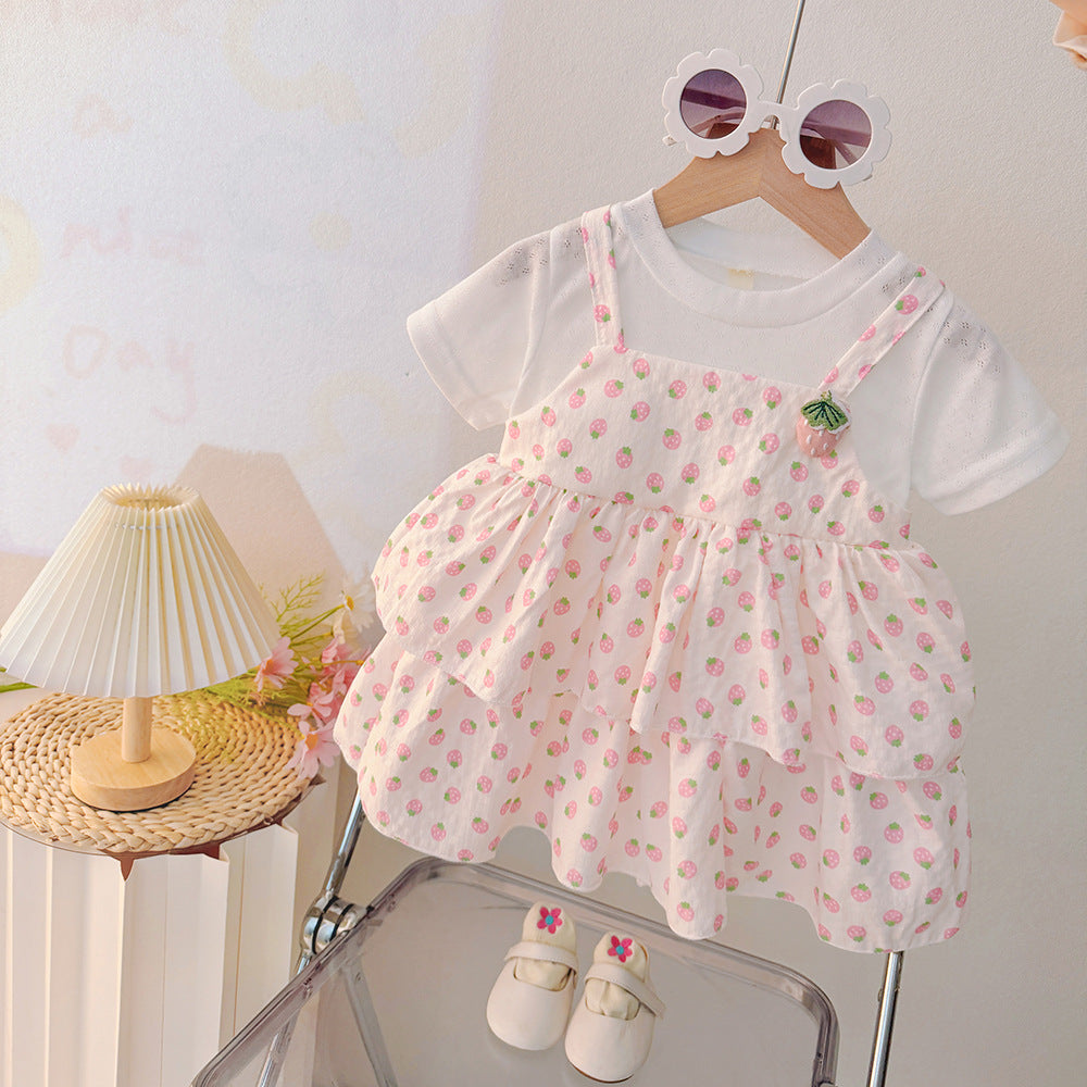 summer cute kids' clothing baby toddler cartoon strawberry print faux two-piece girls' versatile short-sleeve dress