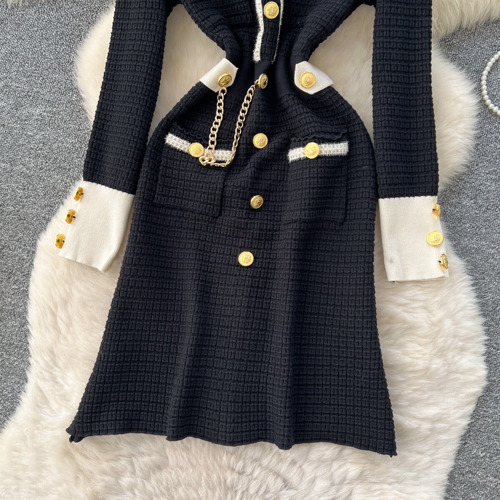 Frenchclassy small fragrance fashion metal buckle contrast color round neck long sleeves waist slimming lookknittingdress autumn wear