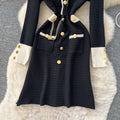 Frenchclassy small fragrance fashion metal buckle contrast color round neck long sleeves waist slimming lookknittingdress autumn wear