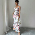 summer  cross-border e-commerce european and american women's fashion printed slim-fit slit backless camisole dress
