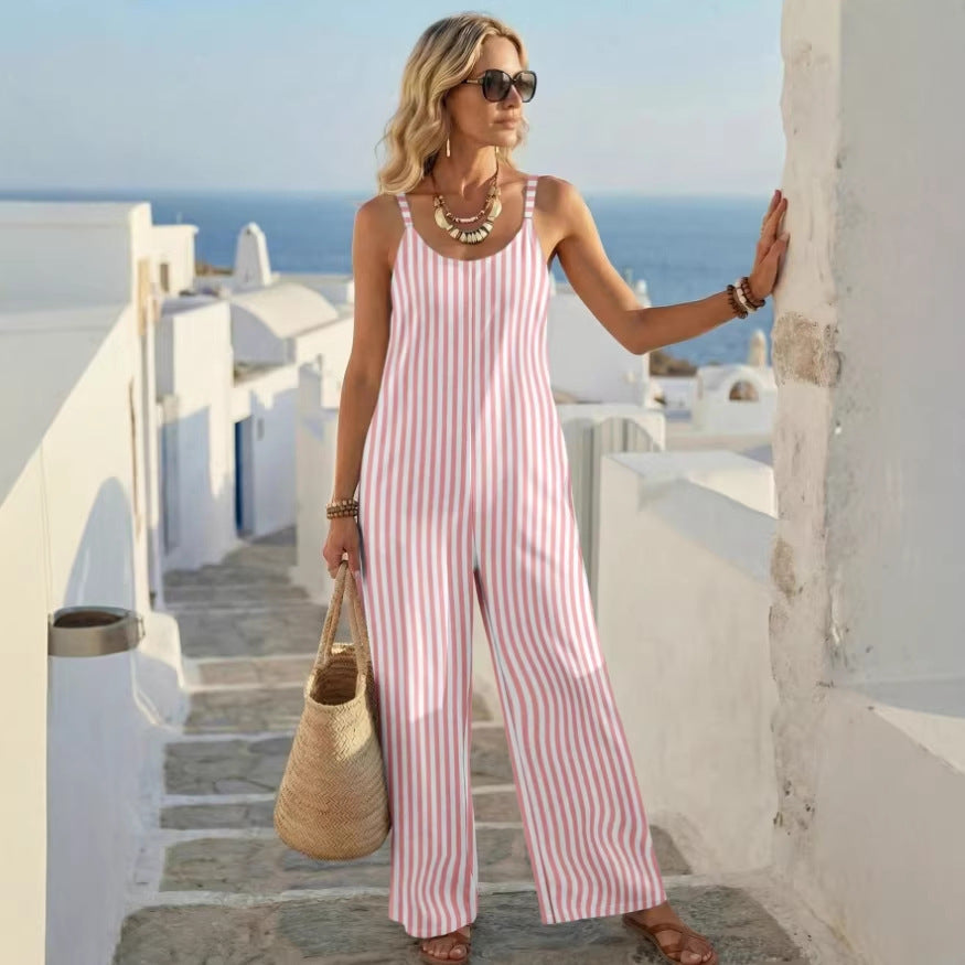 Amazon european new arrival  fashion striped casual vacation jumpsuit summer women's
