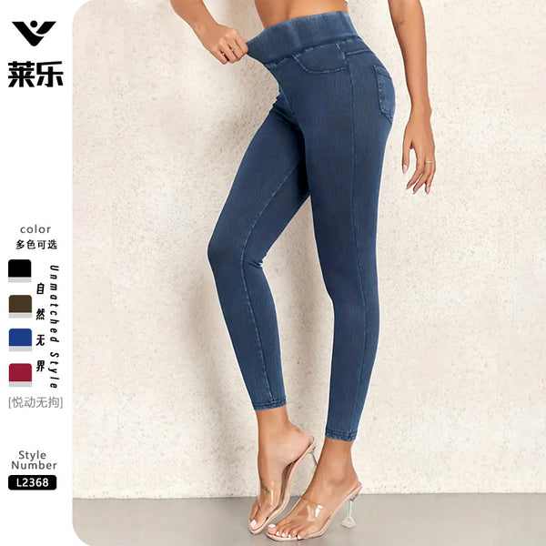 European and American imitation denim yoga fitness pants export quality hip-lifting leggings women's high waist belly Barbie pants pockets