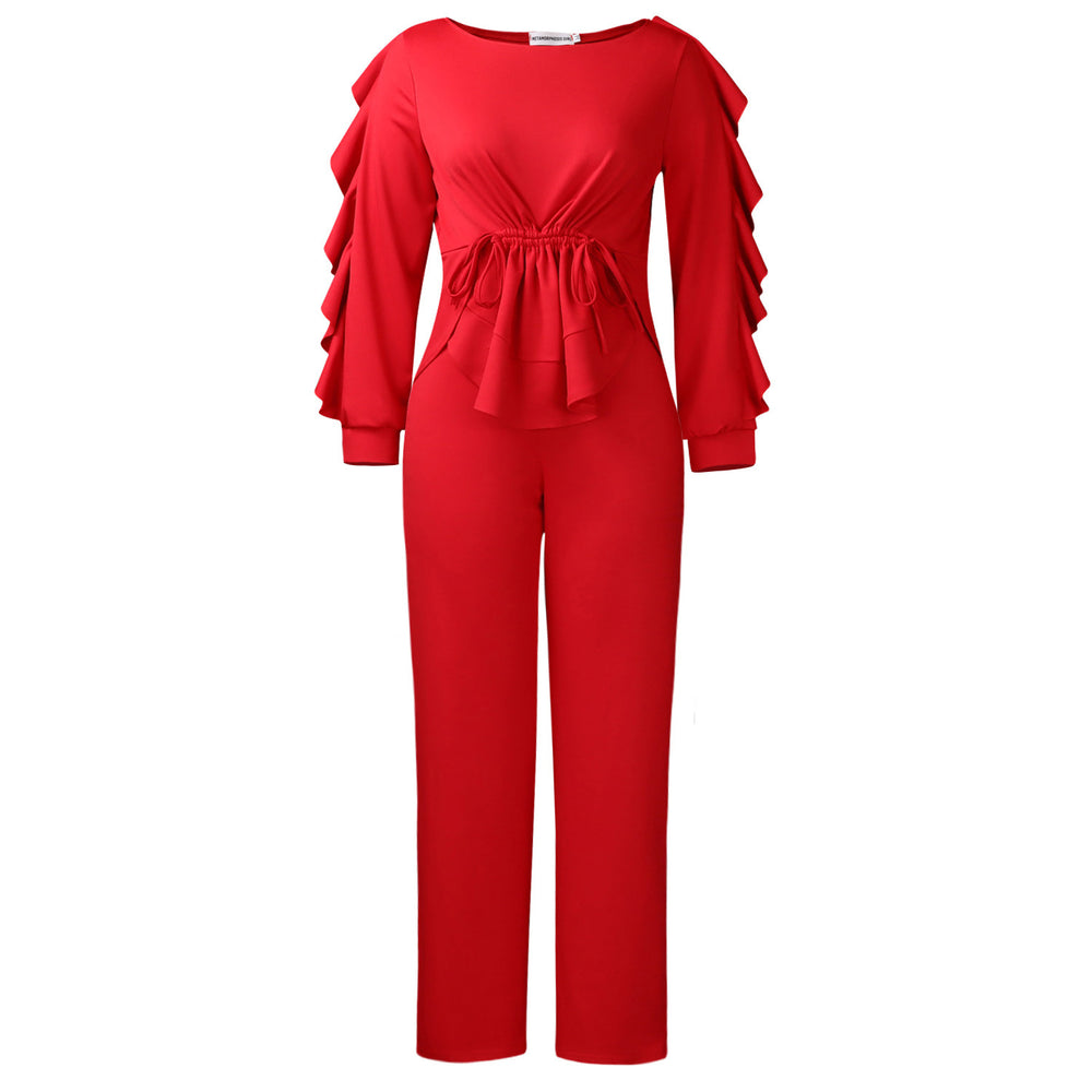 D3345exportfashionelegance winter elastic ruffles drawstring long sleeves waist tops pants cross-border two-piece set