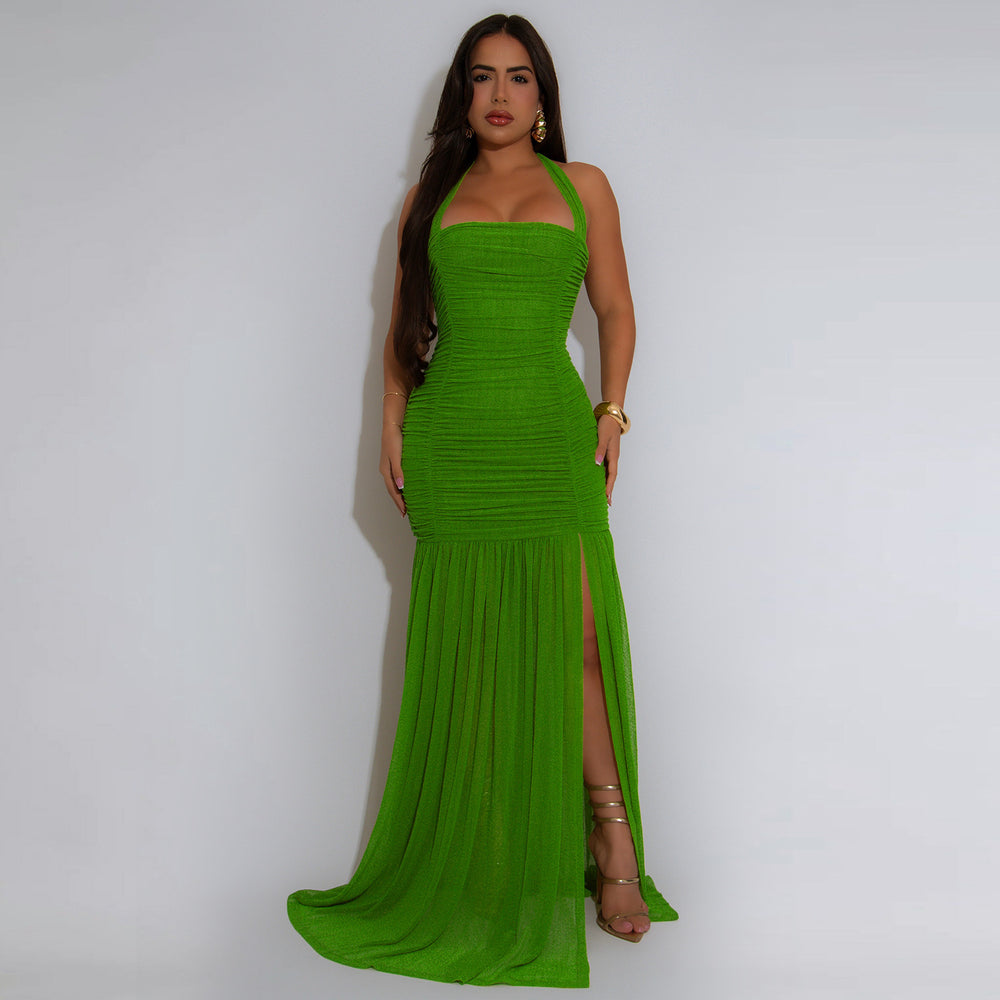 C7398 cross-border   fashion women's summer mesh sexy slit solid color dress