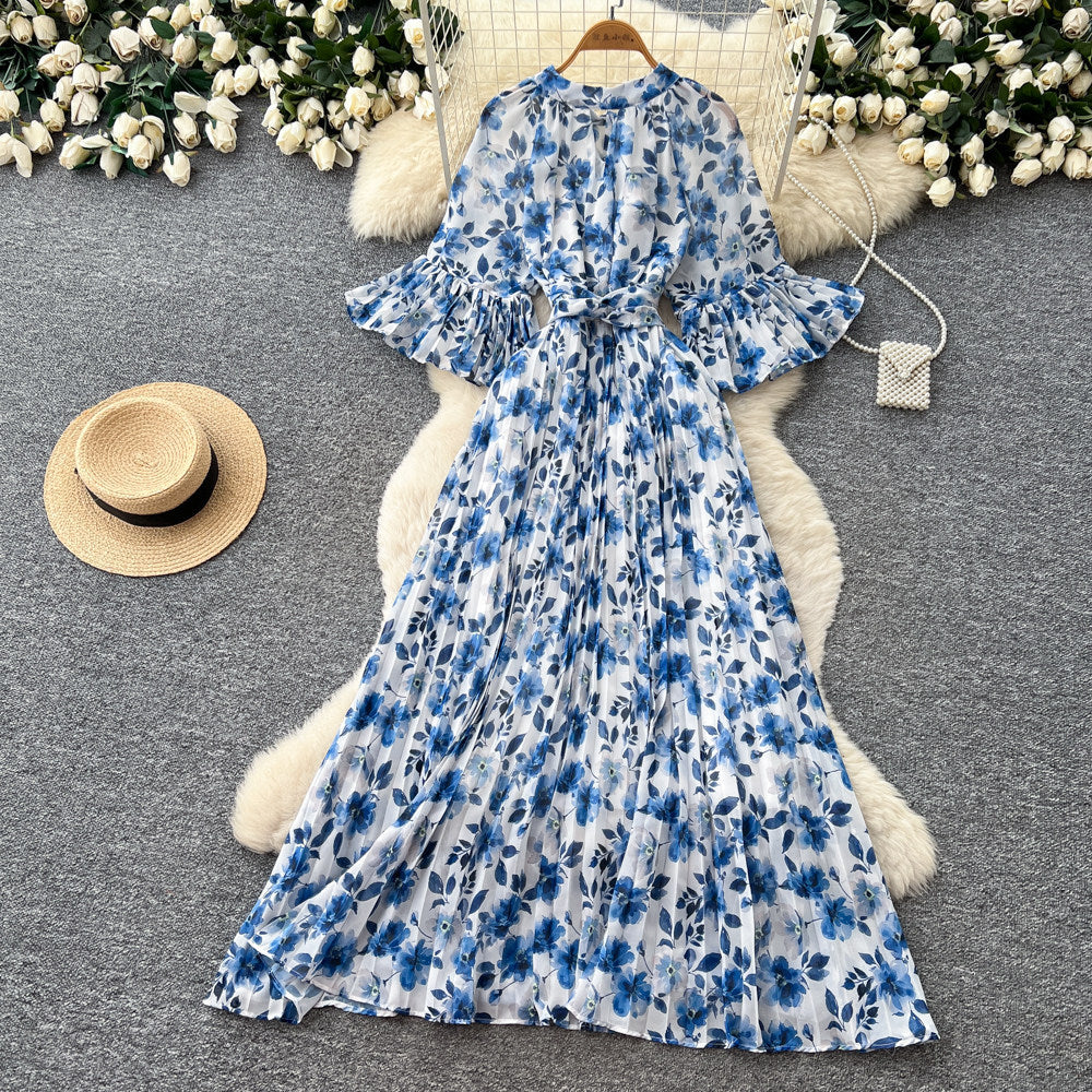 French chic floral print loose-fit dress - women's summer long sleeve a-line maxi dress - elegant and flattering, perfect for a sophisticated look