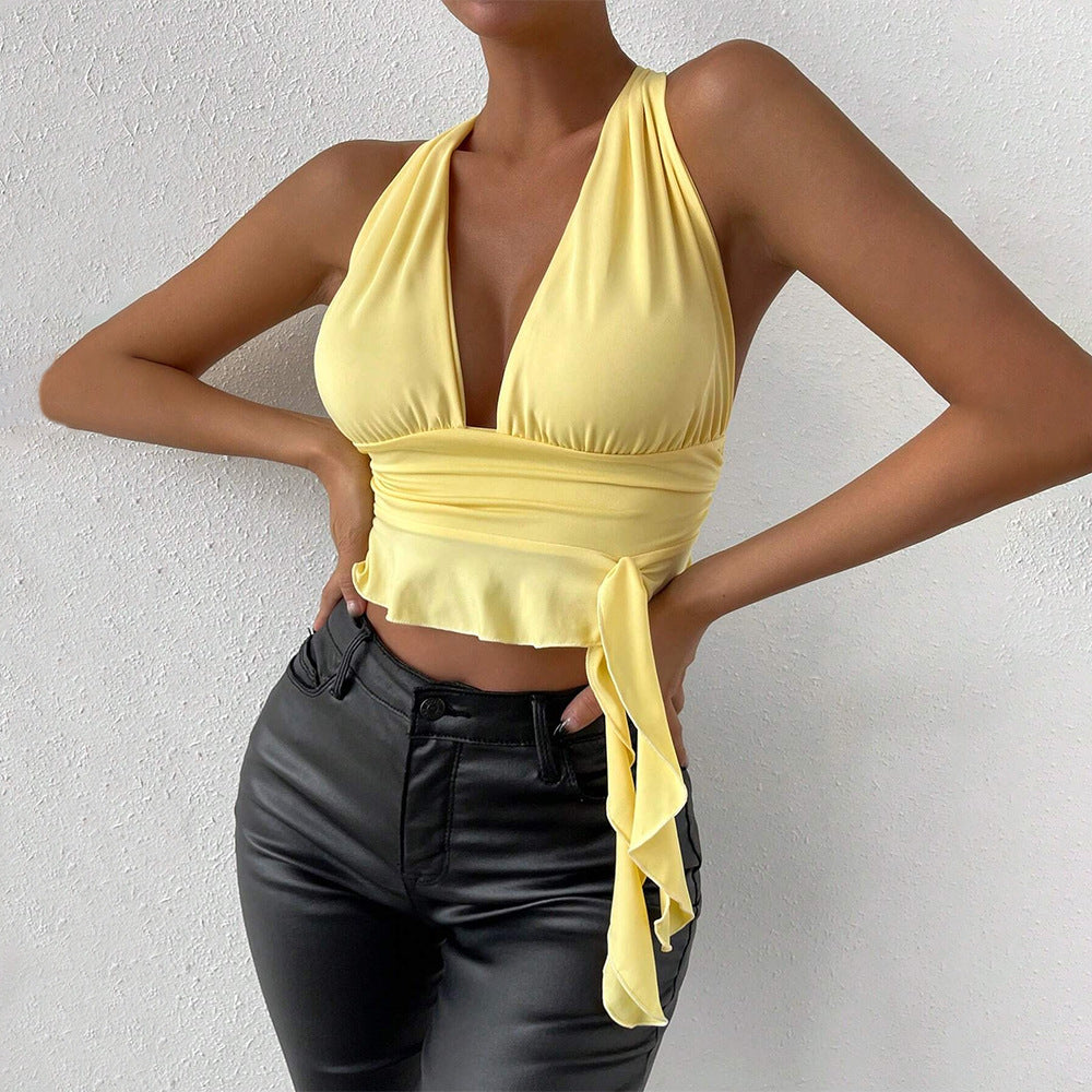 new european and american cross-border milk silk sexy hot girl deep v waist-cinching slimming design halter top