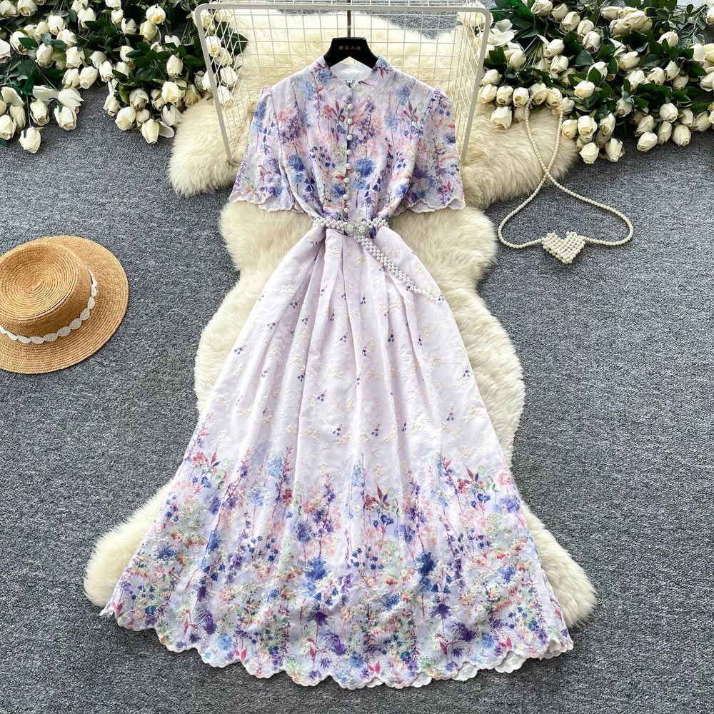 Vintage floral hollow-out short sleeve lace embroidery dress - women's summer high-waisted a-line maxi dress - slimming and elegant