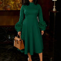 New plus size elegant midi a-line dress - mock neck, long sleeves, 3d floral sleeves, chic dress