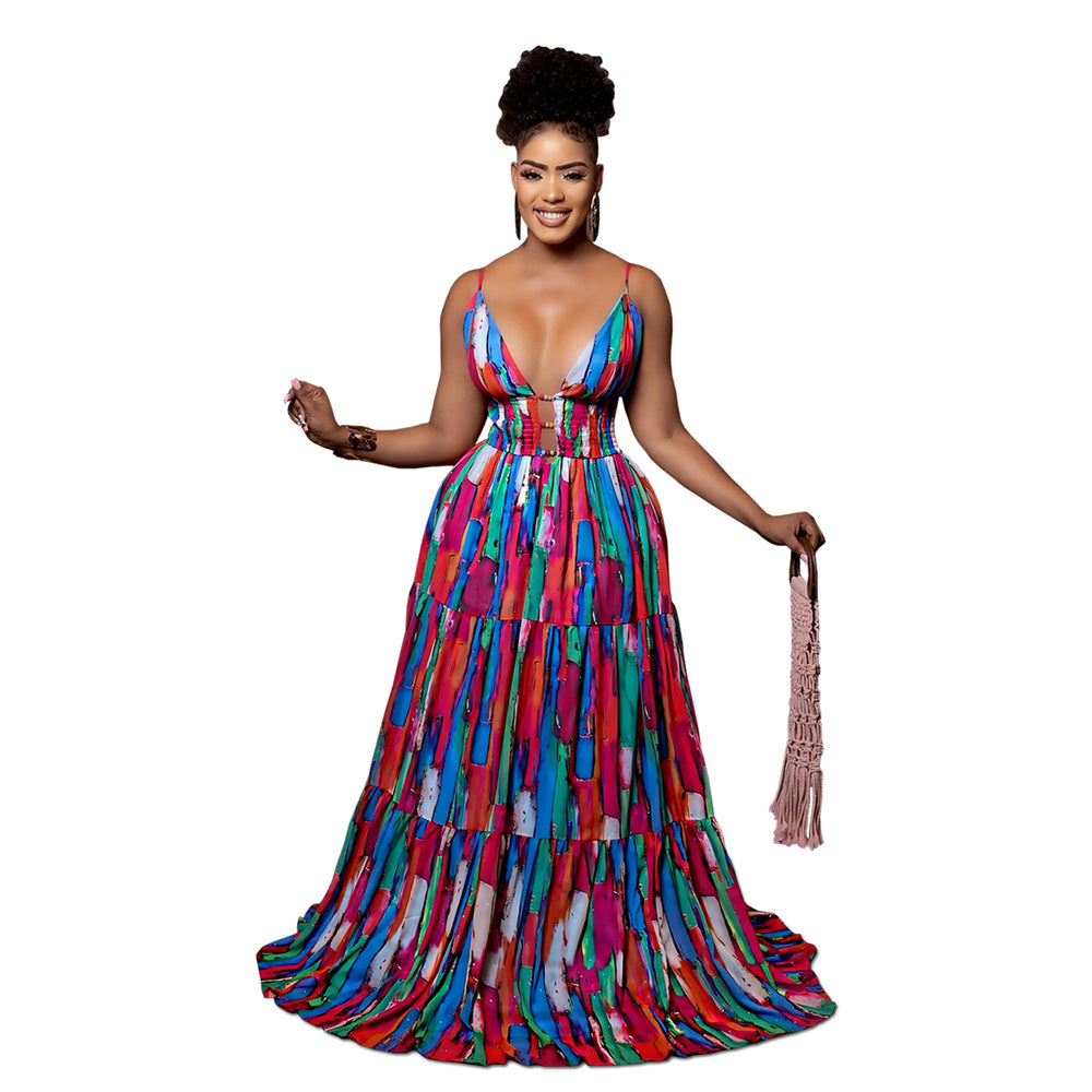 C7377 cross-border   fashion women's sexy spaghetti strap backless printed colorful dress