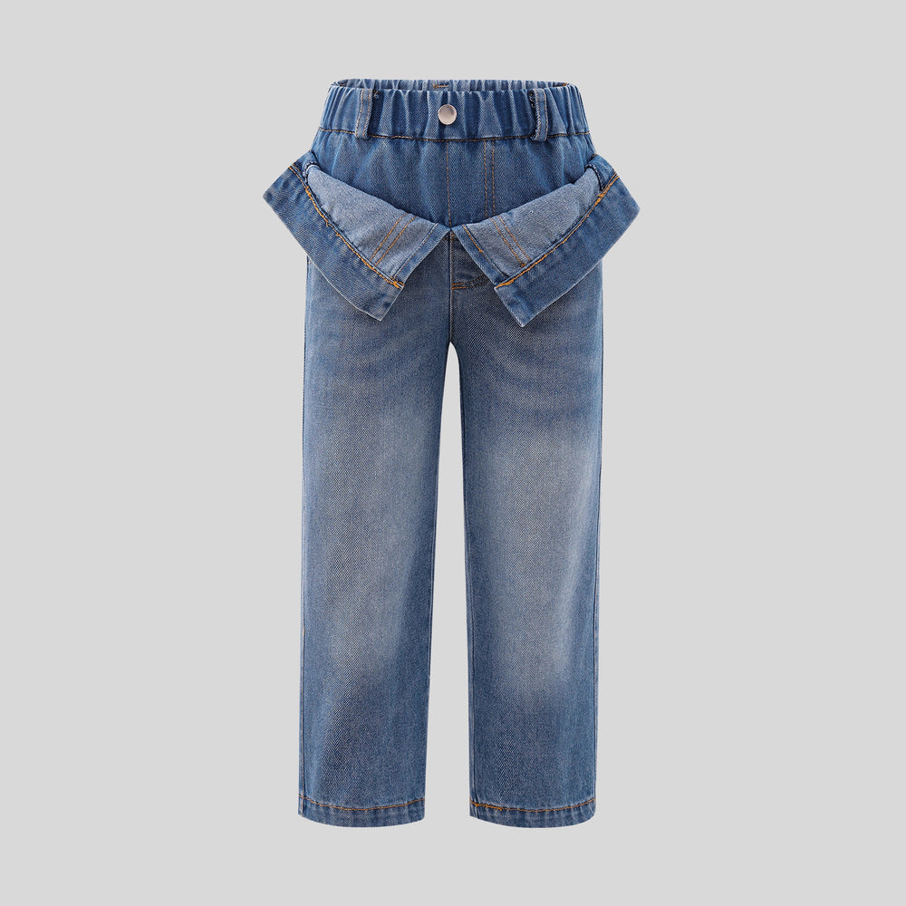 new arrivalgirljeansfake two-piece foldable waist design distressed washed blue kidsstraight-leg pants
