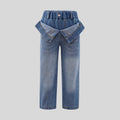 new arrivalgirljeansfake two-piece foldable waist design distressed washed blue kidsstraight-leg pants