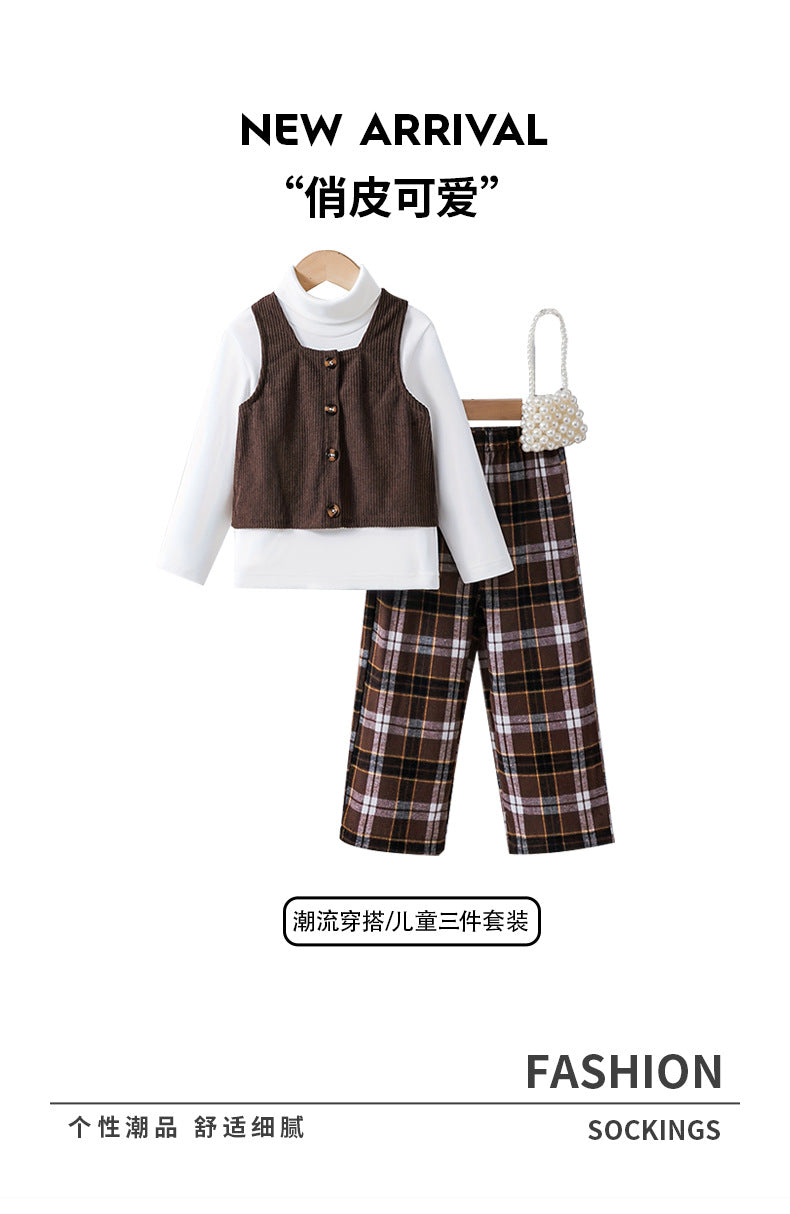 Export kidssuit brown corduroy vest high collar bottom shirt plaidpantsgirl british style three-piece set