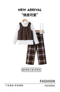 Export kidssuit brown corduroy vest high collar bottom shirt plaidpantsgirl british style three-piece set
