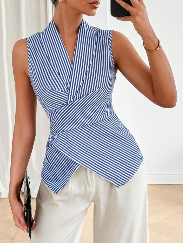 summer cross-border  women's striped sleeveless v-neck button-down shirt with back tie