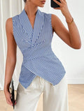 summer cross-border  women's striped sleeveless v-neck button-down shirt with back tie