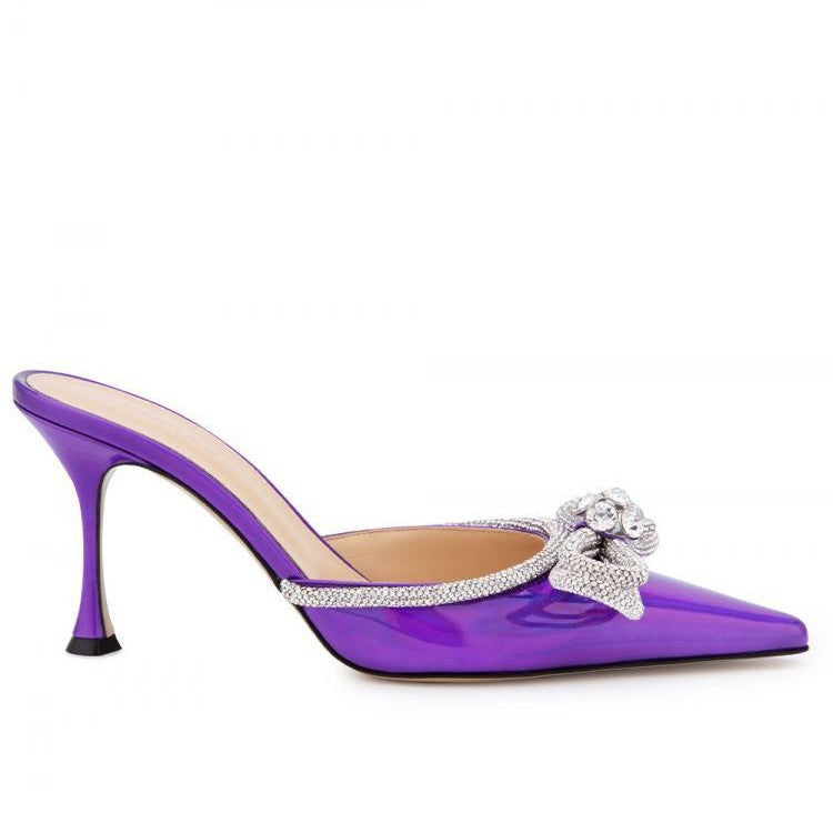 Slip-on laser bow rhinestone high-heeled slippers, stiletto heel, pointed toe, half-slippers, outwearfashion style new arrival