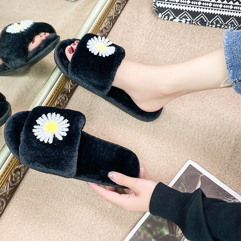 Winter japanese-style daisy print couple's slippers, indoor floor warm home shoes, postpartum care faux rabbit fur plush slippers
