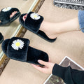 Winter japanese-style daisy print couple's slippers, indoor floor warm home shoes, postpartum care faux rabbit fur plush slippers