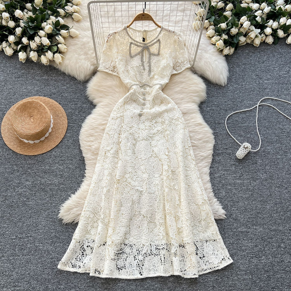 Elegant chanel-inspired, high-end, diamond-studded bow, short-sleeved, cinched-waist, openwork crochet lace dress, french-style maxi dress