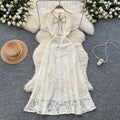 Elegant chanel-inspired, high-end, diamond-studded bow, short-sleeved, cinched-waist, openwork crochet lace dress, french-style maxi dress