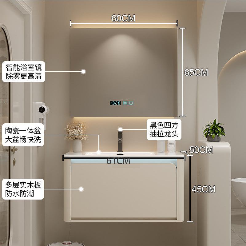 陶瓷一体盆浴室柜组合奶油风卫生间洗漱台洗手池盆柜实木卫浴柜新
