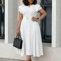 D629 european and american cross-border e-commerce summer new women's ruffle short sleeve solid color high waist midi pleated dress