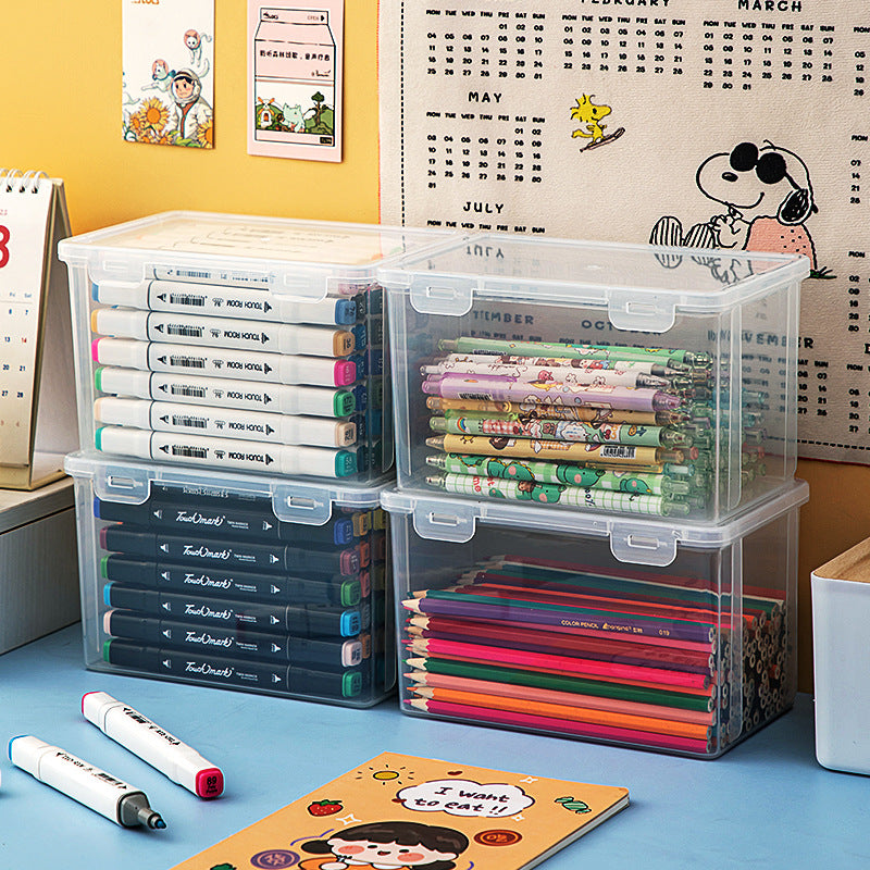 Desktop marker storage box with lid Transparent desk Stationery storage box Rectangle flip plastic pencil case