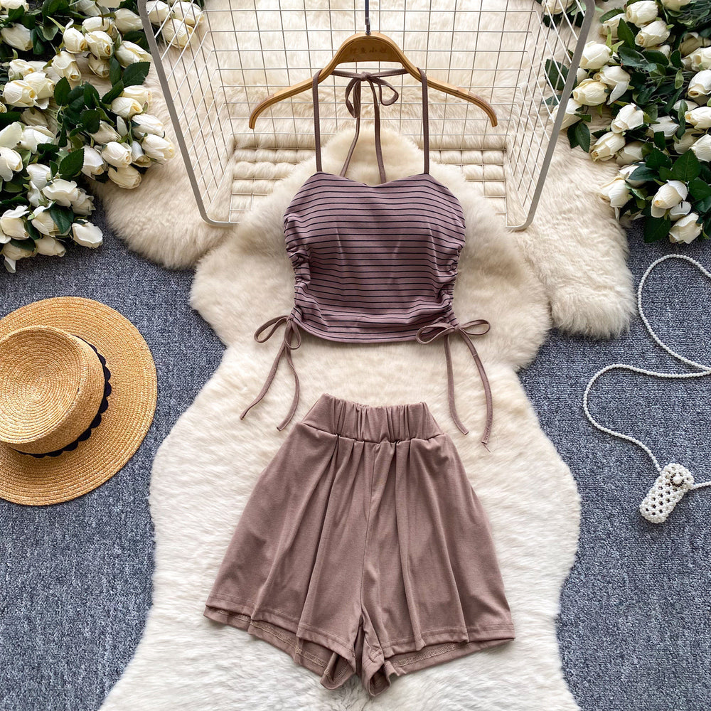 Halter stripes camisole high waistslimming look shortstwo-piece set women's summer silm tube top culottessuit