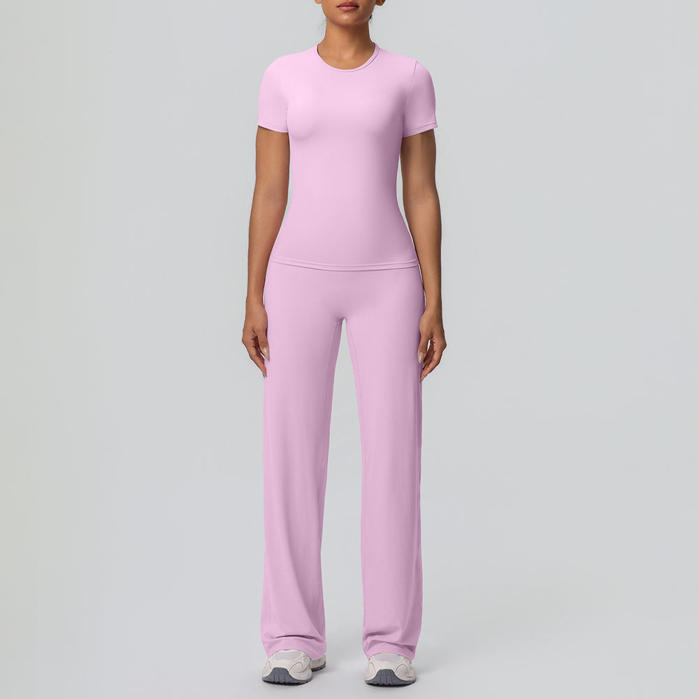 Cloud-feel outdoor casual sports short-sleeve yoga set - high-waisted, butt-lifting, straight-leg, wide-leg, quick-dry running & fitness outfit