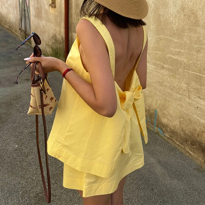 european and american export women's clothing: new summer casual fashion solid color camisole tie-back backless mini skirt set