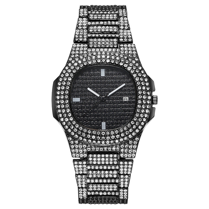 European and american hip-hop style fashion diamond watch for men and women, square large gold watch, trendy steel band quartz watch