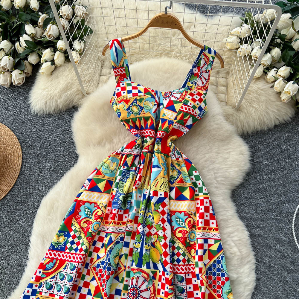 European and american fashion niche positioning printed camisole dress - women's  autumn high-end slimming long dress