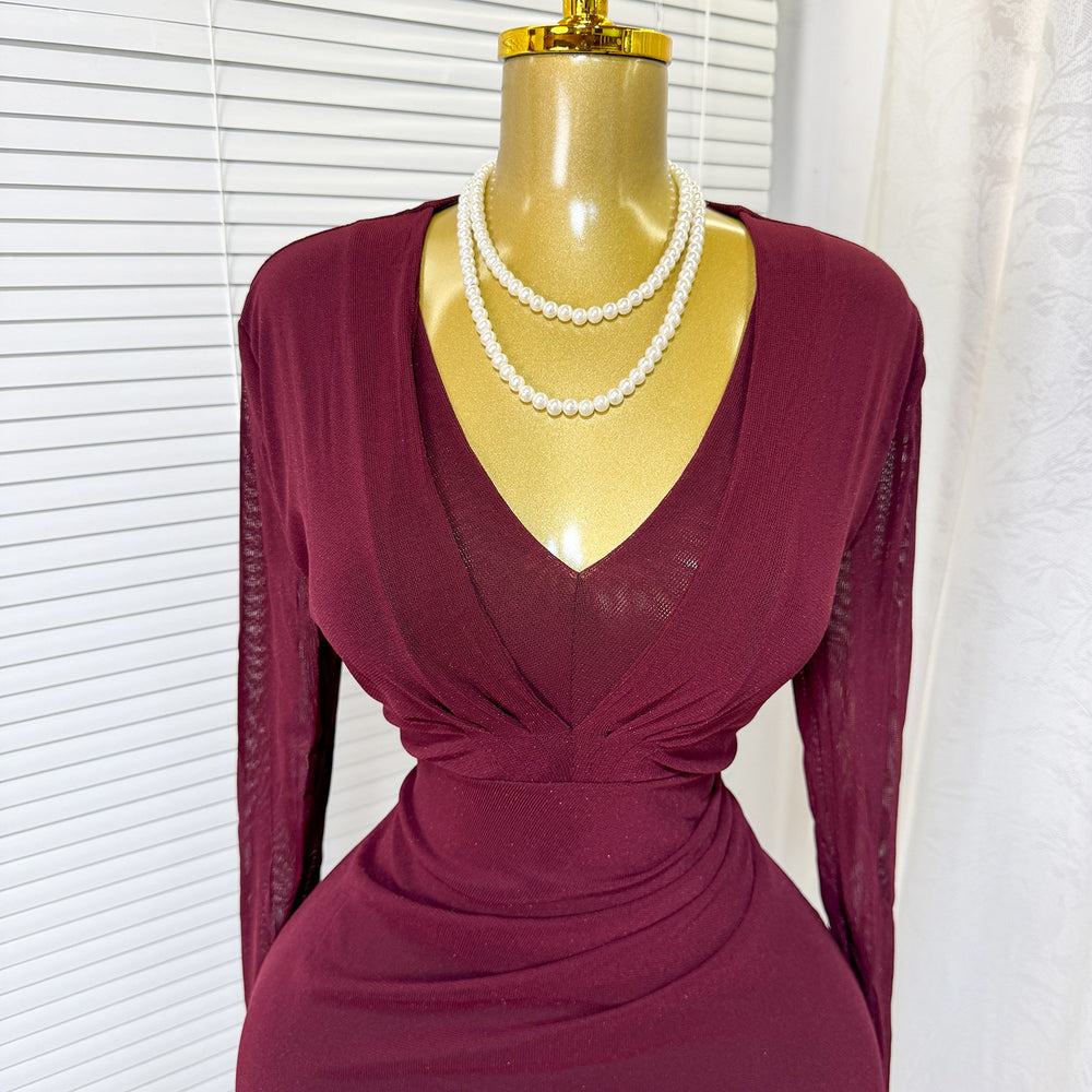 European and american cross-border e-commerce spring/autumn new v-neck stretch mesh bodycon sexy solid color midi dress