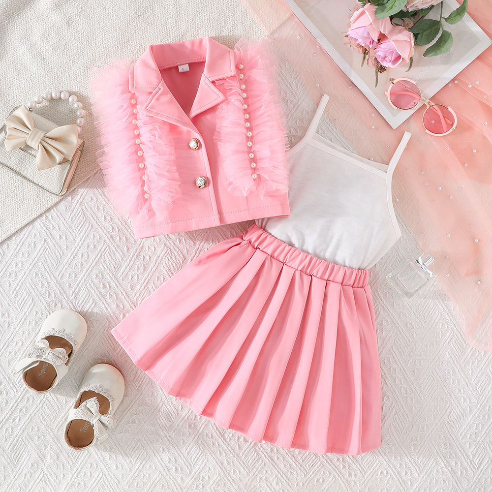 summer new girls' solid color feather beaded vest and pleated skirt set - sweet and playful three-piece outfit