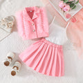 summer new girls' solid color feather beaded vest and pleated skirt set - sweet and playful three-piece outfit