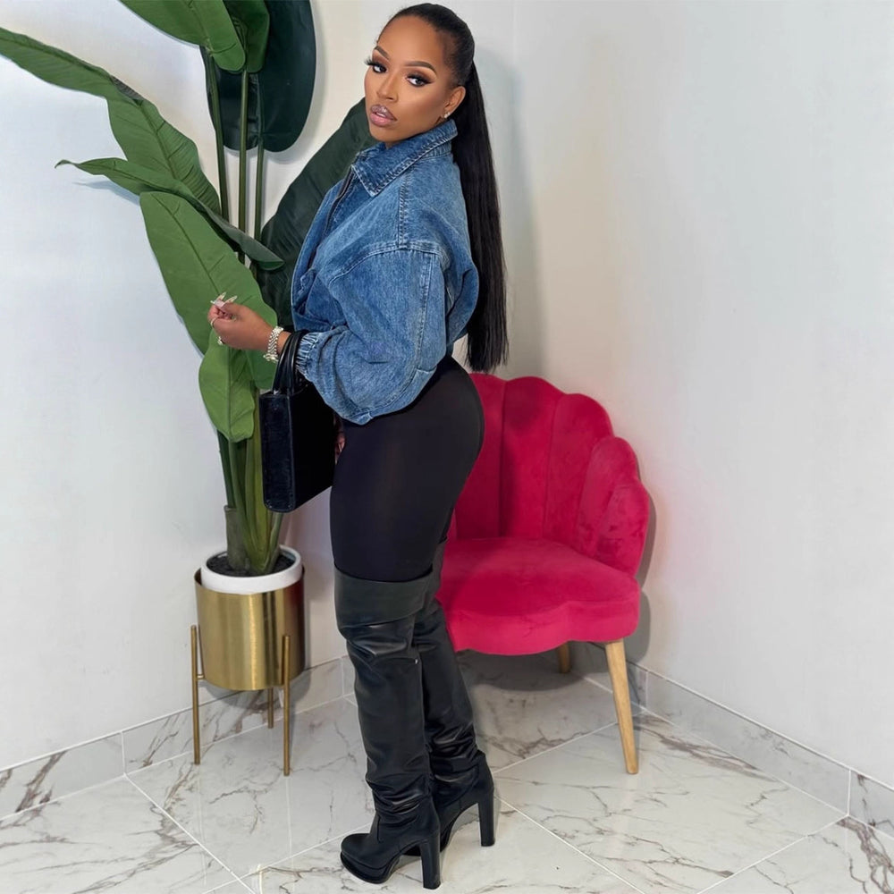 European and american style women's denim jacket - new  cross-border women's fashion - washed, turn-down collar, drawstring, long sleeve, short zip-up jacket