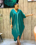 Glossy silky satinloosev neck bat sleeve mid-sleeve plaidfashion long skirt dress cross-border supply