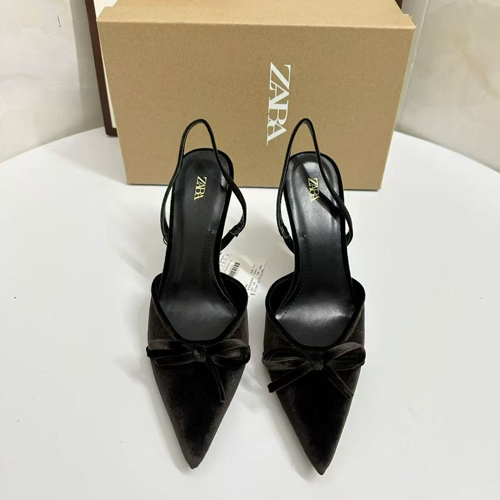 Za2025autumnew arrival velvet bow half bag pointed toe high heel sandals casualfashionclassy women's shoes