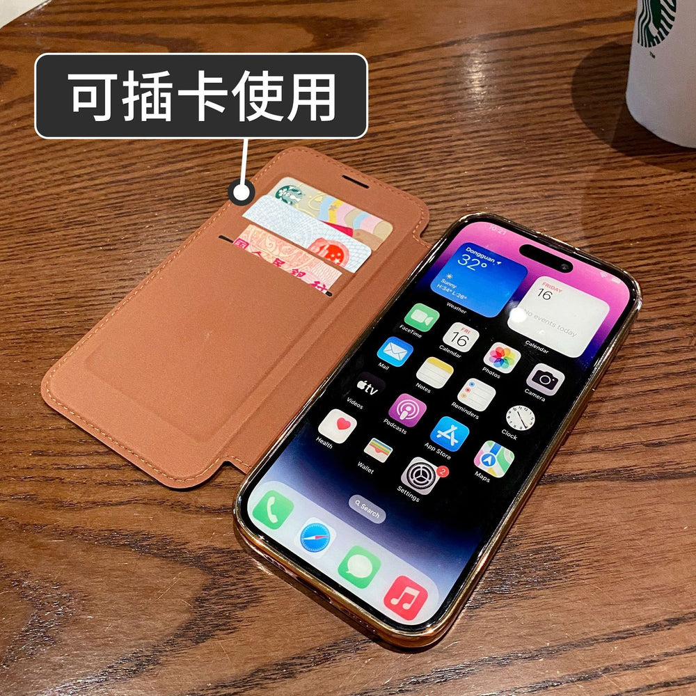 Suitable for apple 16promax mobile phone case electroplated gold shield magnetic leather case iphone17 flip full cover protective case
