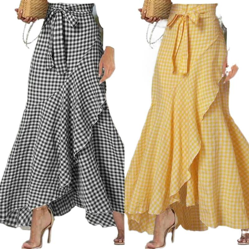 women's plaid mermaid skirt rufflesasymmetrical hemhigh waistcasual umbrella wrap long skirt